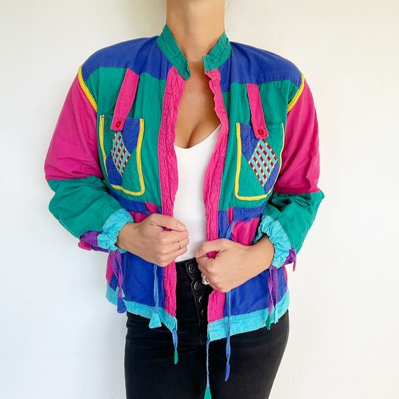Vintage handmade embroidered colorblock jacket from Nepal - Picture 2 of 7
